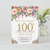 Floral Surprise 100th Birthday Invitation Gold (Standing Front)
