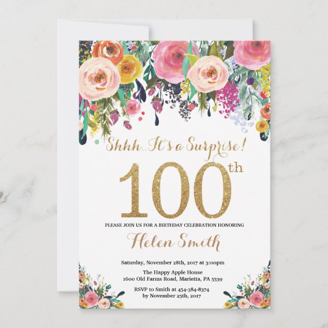 Floral Surprise 100th Birthday Invitation Gold (Front)