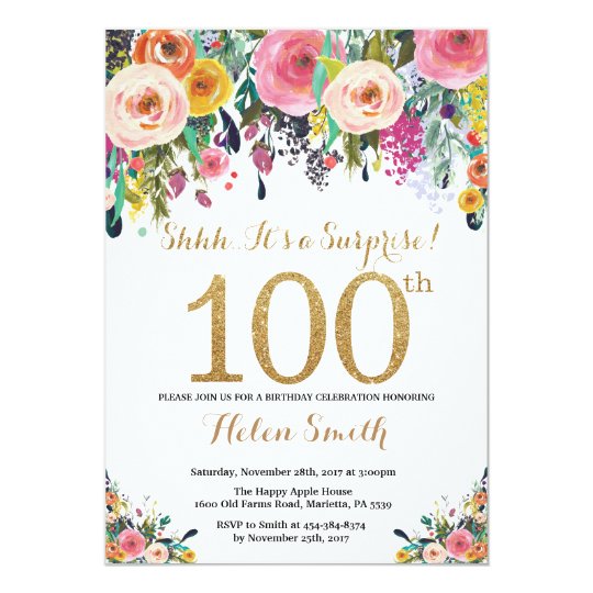 floral surprise 100th birthday invitation gold zazzle com