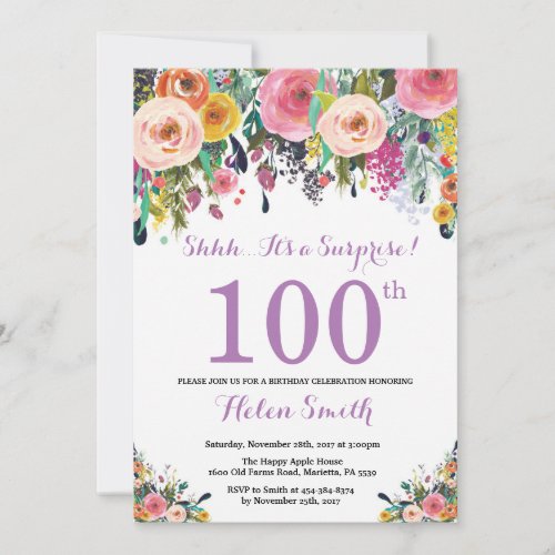 Floral Surprise 100th Birthday Invitation Purple