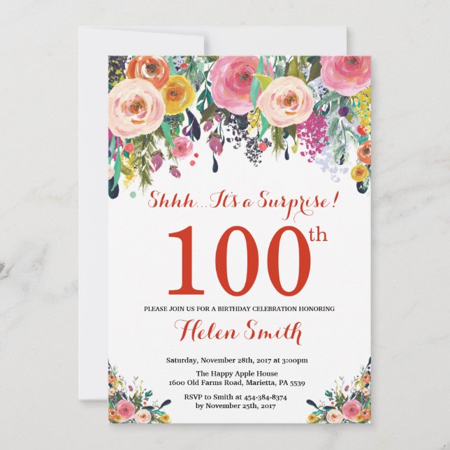 Floral Surprise 100th Birthday Invitation Red (Front)