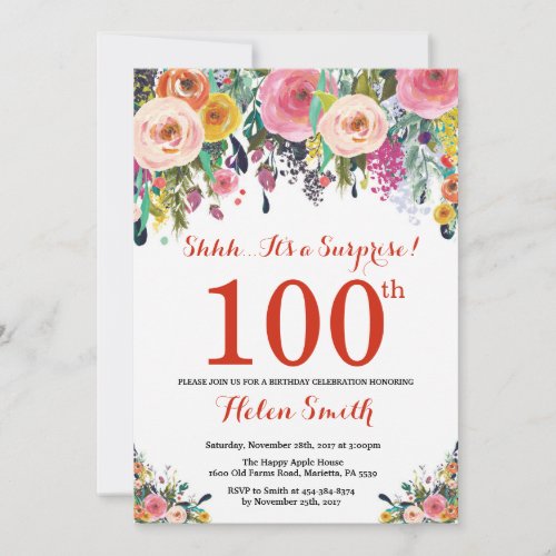 Floral Surprise 100th Birthday Invitation Red