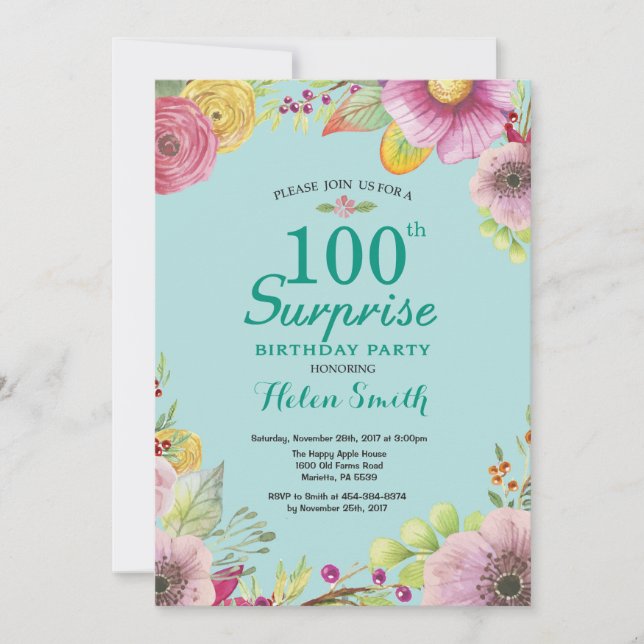 Floral Surprise 100th Birthday Invitation Teal (Front)