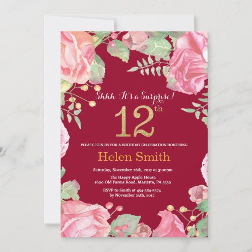 Floral Surprise 12th Birthday Gold Burgundy Red Invitation