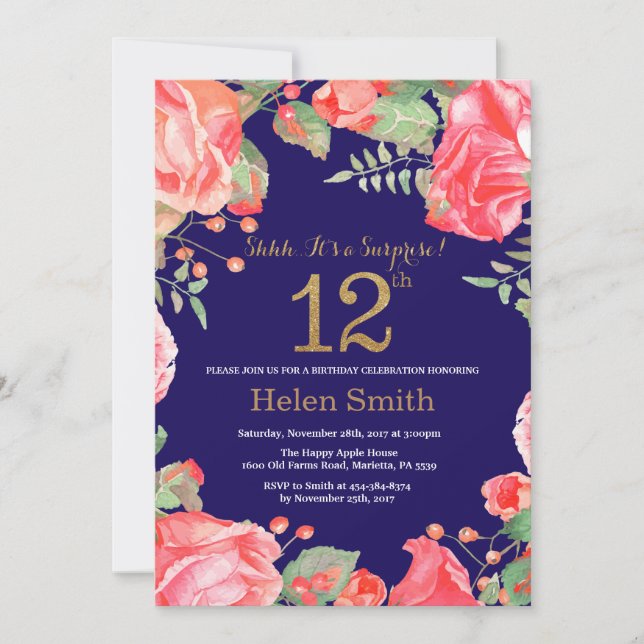 Floral Surprise 12th Birthday Gold Glitter Blue Invitation (Front)
