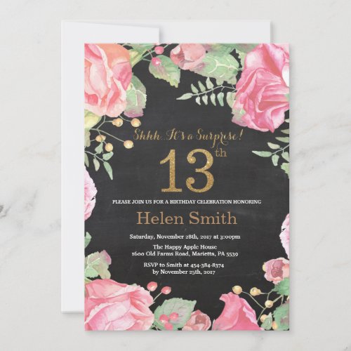 Floral Surprise 13th Birthday Gold Glitter Invitation