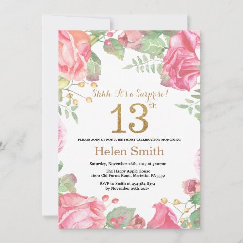 Floral Surprise 13th Birthday Gold Glitter Invitation