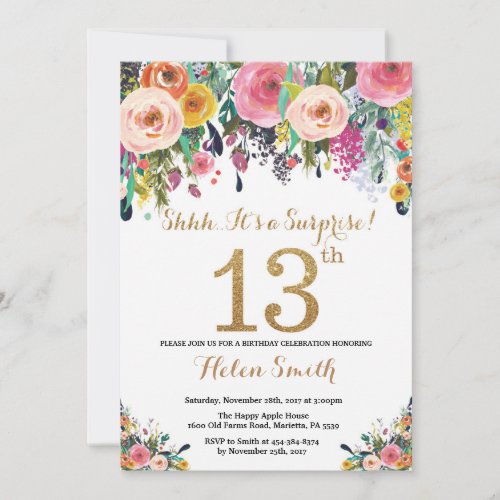 Floral Surprise 13th Birthday Invitation Gold