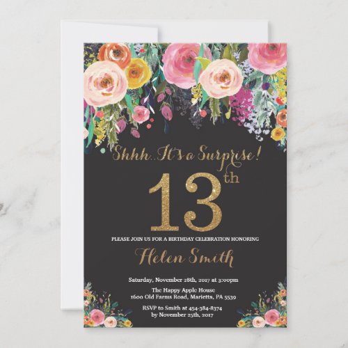 Floral Surprise 13th Birthday Invitation Gold