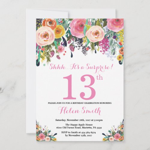 Floral Surprise 13th Birthday Invitation Pink