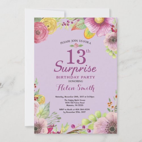 Floral Surprise 13th Birthday Invitation Purple