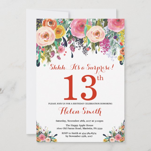 Floral Surprise 13th Birthday Invitation Red (Front)