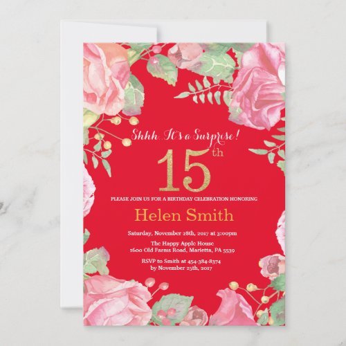 Floral Surprise 15th Birthday Gold Glitter and Red Invitation