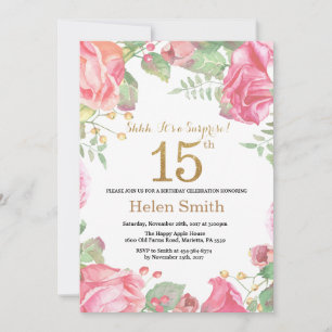Floral Surprise 15th Birthday Gold Glitter Invitation