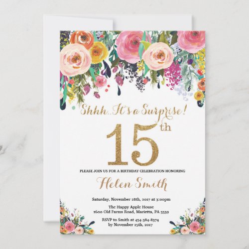 Floral Surprise 15th Birthday Invitation Gold