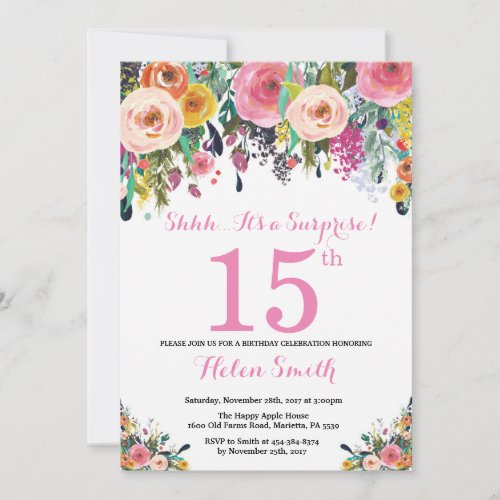 Floral Surprise 15th Birthday Invitation Pink