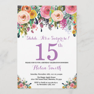 Floral Surprise 15th Birthday Invitation Purple