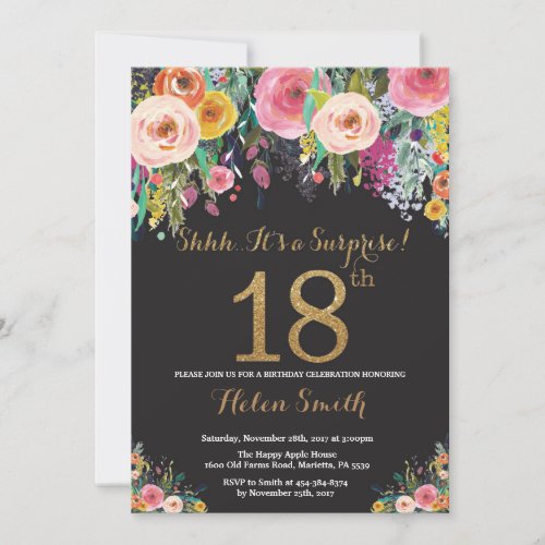 Floral Surprise 18th Birthday Invitation Gold