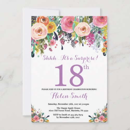 Floral Surprise 18th Birthday Invitation Purple