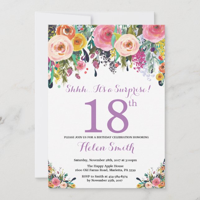Floral Surprise 18th Birthday Invitation Purple (Front)