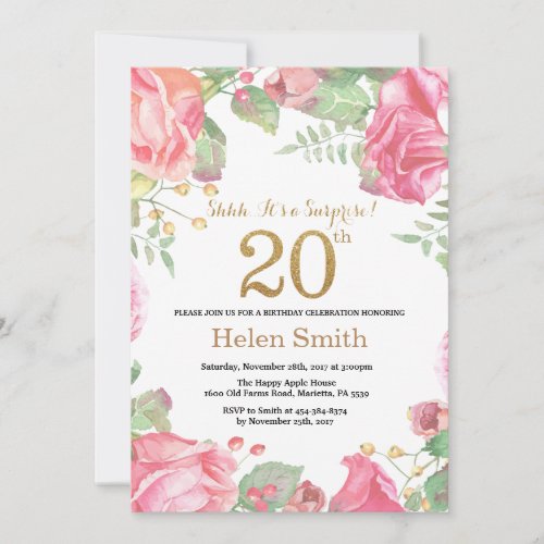 Floral Surprise 20th Birthday Gold Glitter Invitation