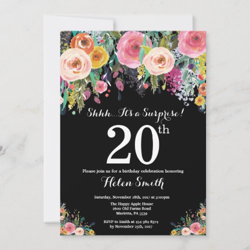 Floral Surprise 20th Birthday Invitation