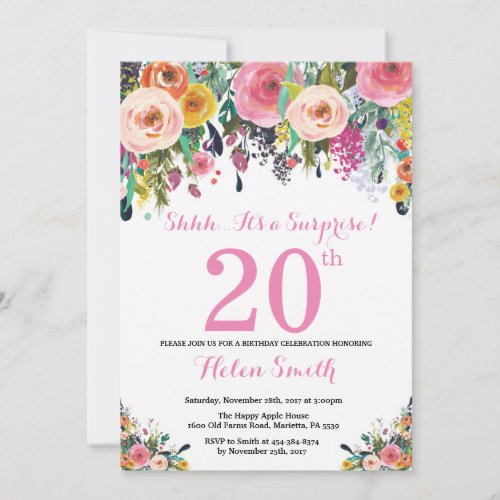 Floral Surprise 20th Birthday Invitation Pink
