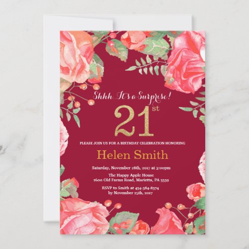 Floral Surprise 21st Birthday Gold Burgundy Red Invitation