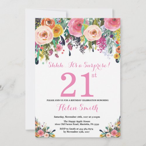 Floral Surprise 21st Birthday Invitation Pink