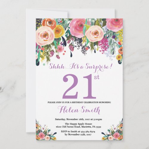 Floral Surprise 21st Birthday Invitation Purple