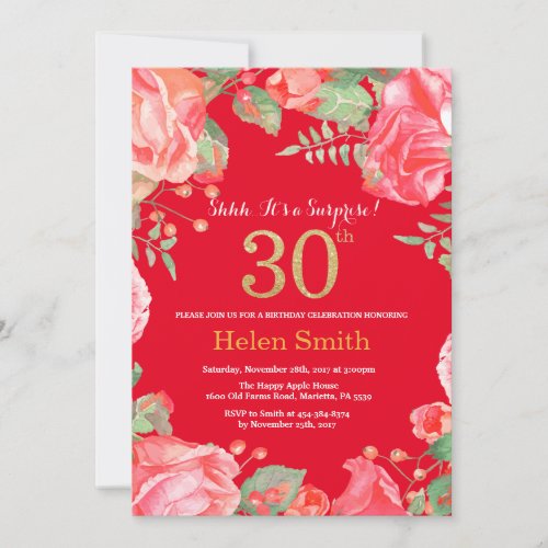 Floral Surprise 30th Birthday Gold Glitter and Red Invitation