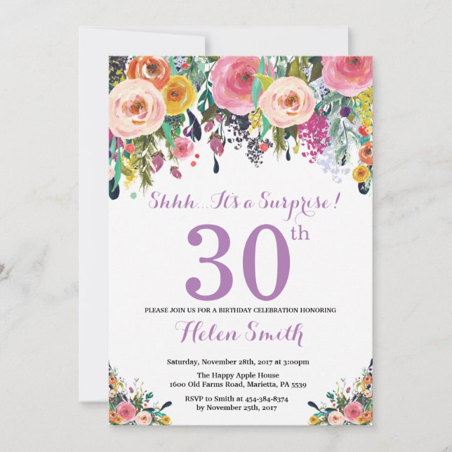 Floral Surprise 30th Birthday Invitation Purple (Front)