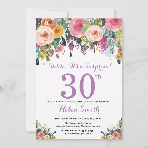 Floral Surprise 30th Birthday Invitation Purple