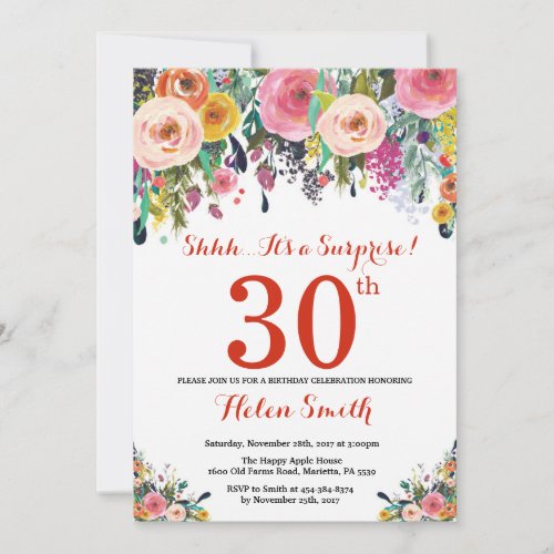 Floral Surprise 30th Birthday Invitation Red