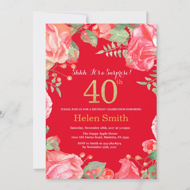 Floral Surprise 40th Birthday Gold Glitter and Red Invitation (Front)
