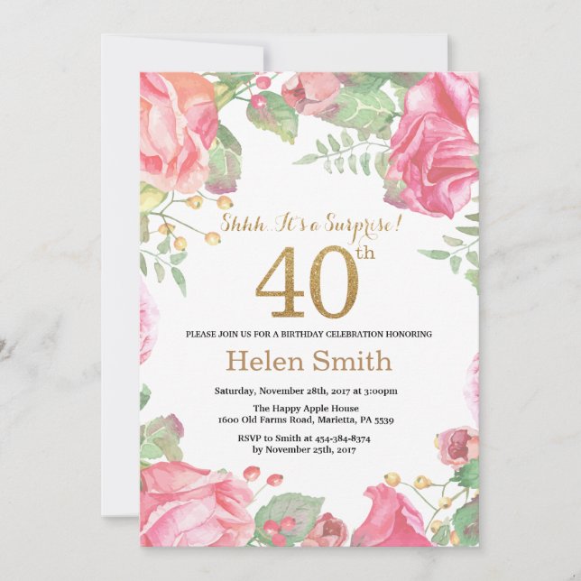 Floral Surprise 40th Birthday Gold Glitter Invitation (Front)