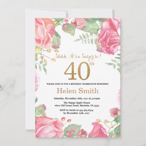Floral Surprise 40th Birthday Gold Glitter Invitation
