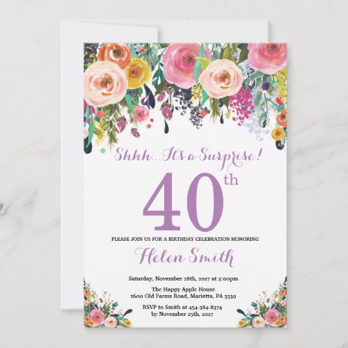 Floral Surprise 40th Birthday Invitation Purple