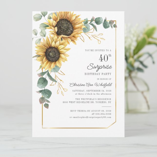 Floral Surprise 40th Birthday Sunflower Eucalyptus Invitation (Standing Front)