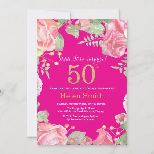 Floral Surprise 50th Birthday Gold and Hot Pink Invitation