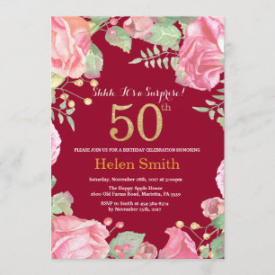 Floral Surprise 50th Birthday Gold Burgundy Red Invitation