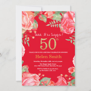 Floral Surprise 50th Birthday Gold Glitter and Red Invitation
