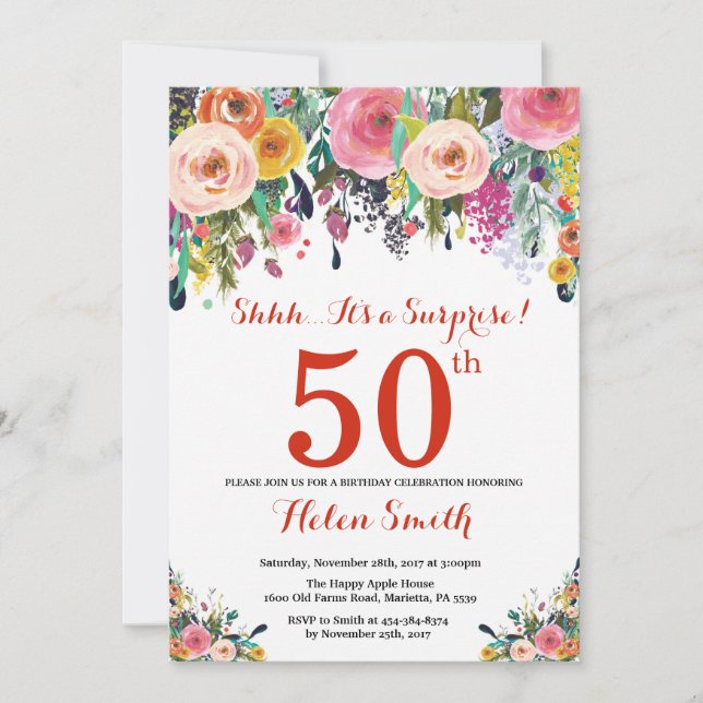 Floral Surprise 50th Birthday Invitation Red (Front)
