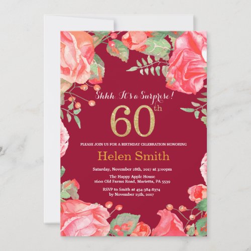 Floral Surprise 60th Birthday Gold Burgundy Red Invitation
