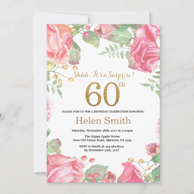 Floral Surprise 60th Birthday Gold Glitter Invitation | Zazzle