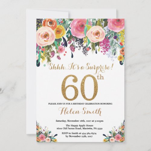 Floral Surprise 60th Birthday Invitation Gold