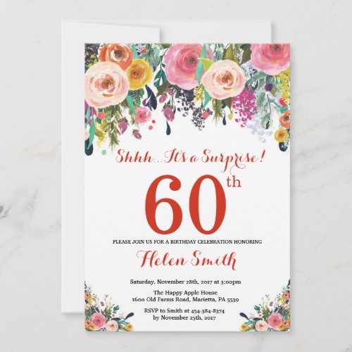 Floral Surprise 60th Birthday Invitation Red