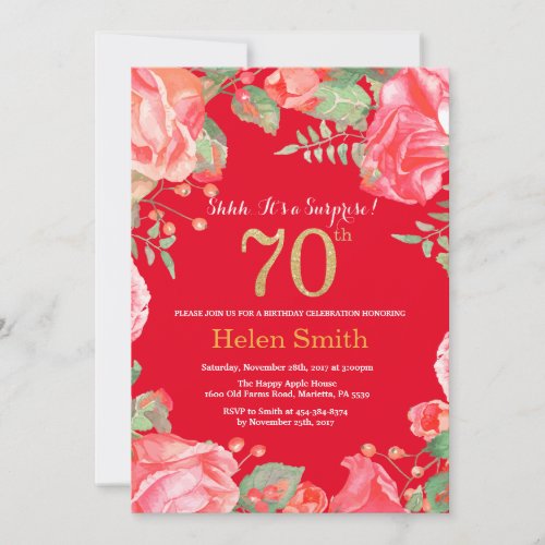 Floral Surprise 70th Birthday Gold Glitter and Red Invitation