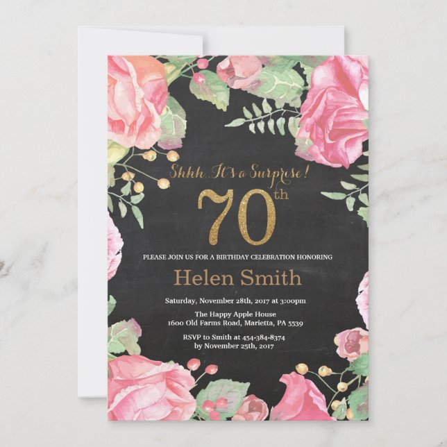 Floral Surprise 70th Birthday Gold Glitter Invitation (Front)