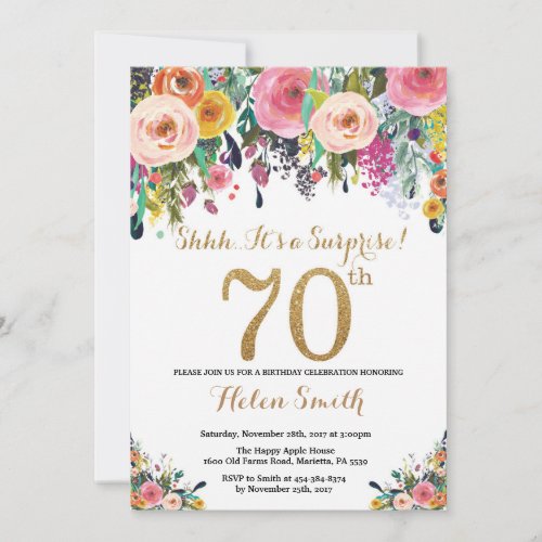 Floral Surprise 70th Birthday Invitation Gold